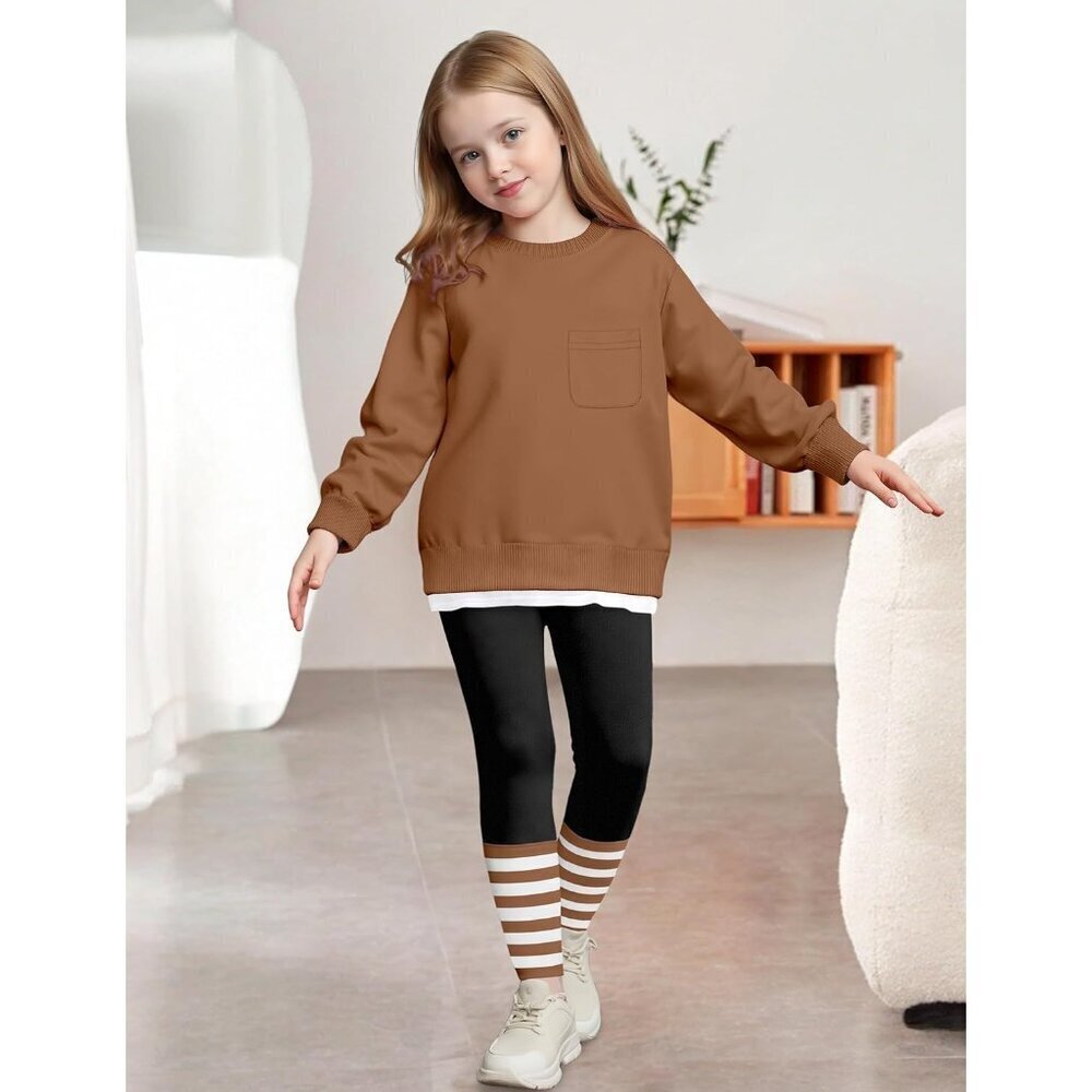 Little Girls Clothes 2Pcs Girls Outfits Pullover Sweatsuit Patchwork Striped Leg - Picture 2 of 7